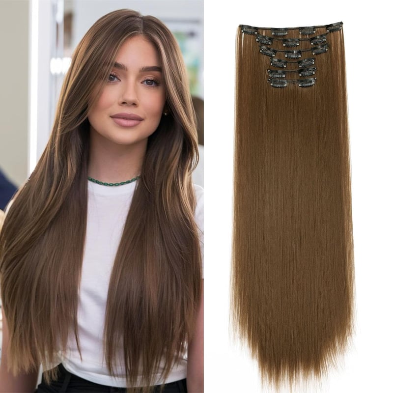 Cybelleza Csatos Hajhosszabbítás - 65 cm Egyenes Műhaj Tincsek Világosbarna - 6 Részes Hajdúsító Póthaj Nőknek