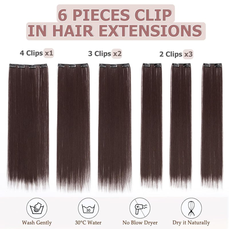 Cybelleza Csatos Hajhosszabbítás - 65 cm Egyenes Műhaj Tincsek, 6 Darabos Szett, Középbarna, Hipoallergén Hajdúsító