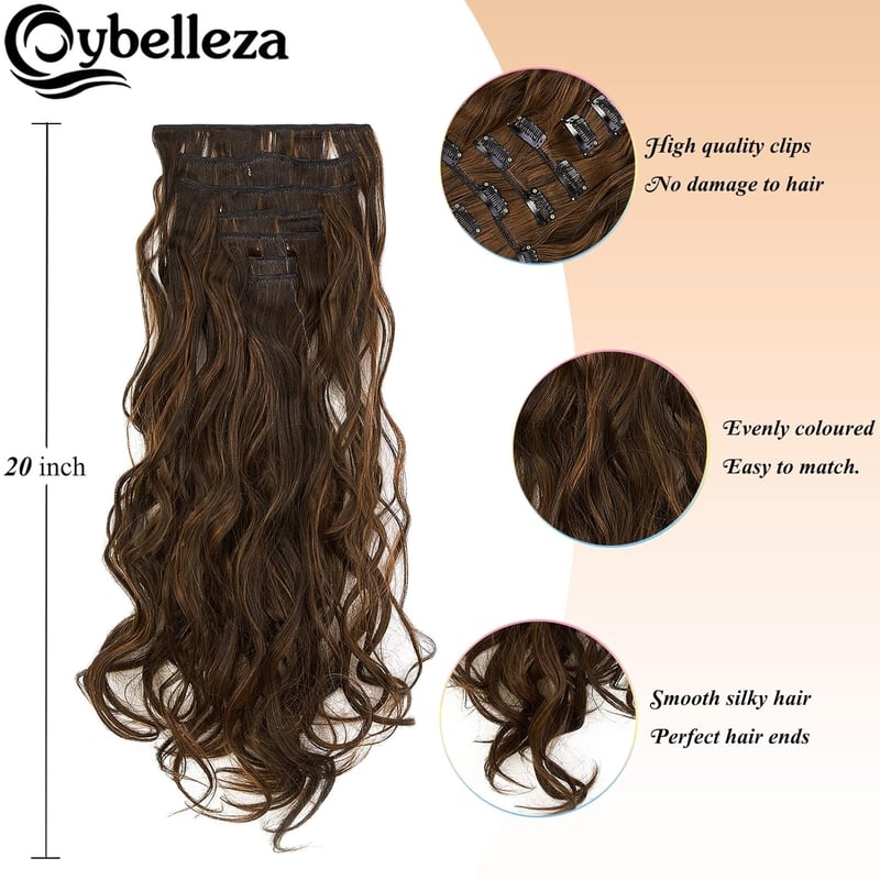 Cybelleza Csatos Hajhosszabbítás - 7 Részes Hullámos Póthaj Szett 16 Csattal, 50 cm, Közepes Barna és Világos Vörösesbarna, Természetes Hatá