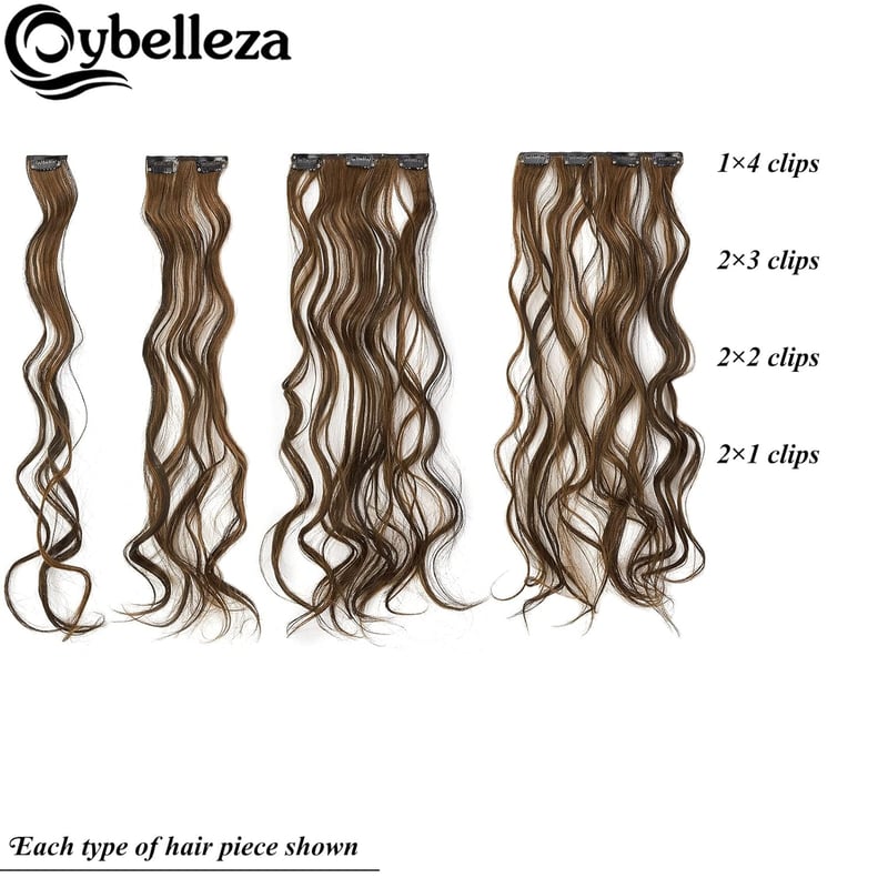 Cybelleza Csatos Hajhosszabbítás - 7 Részes Hullámos Póthaj Szett 16 Csattal, 50 cm, Közepes Barna és Világos Vörösesbarna, Természetes Hatá