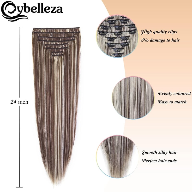 Cybelleza Csatos Hajhosszabbítás - 8 részes Egyenes Műhaj Szett 60 cm, Világosbarna és Szőke, Hajdúsító, Természetes Hatású