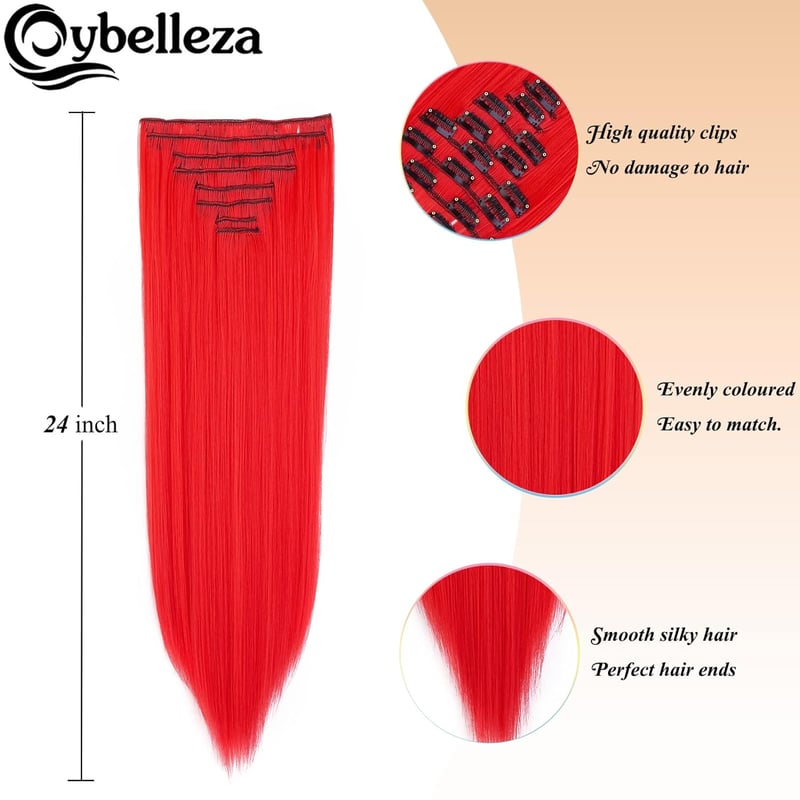Cybelleza Csatos Hajhosszabbítás - 8 Részes Egyenes Műhaj Szett, 60 cm, Piros - Természetes Hatású Hajdúsító Tincspótlás Nőknek