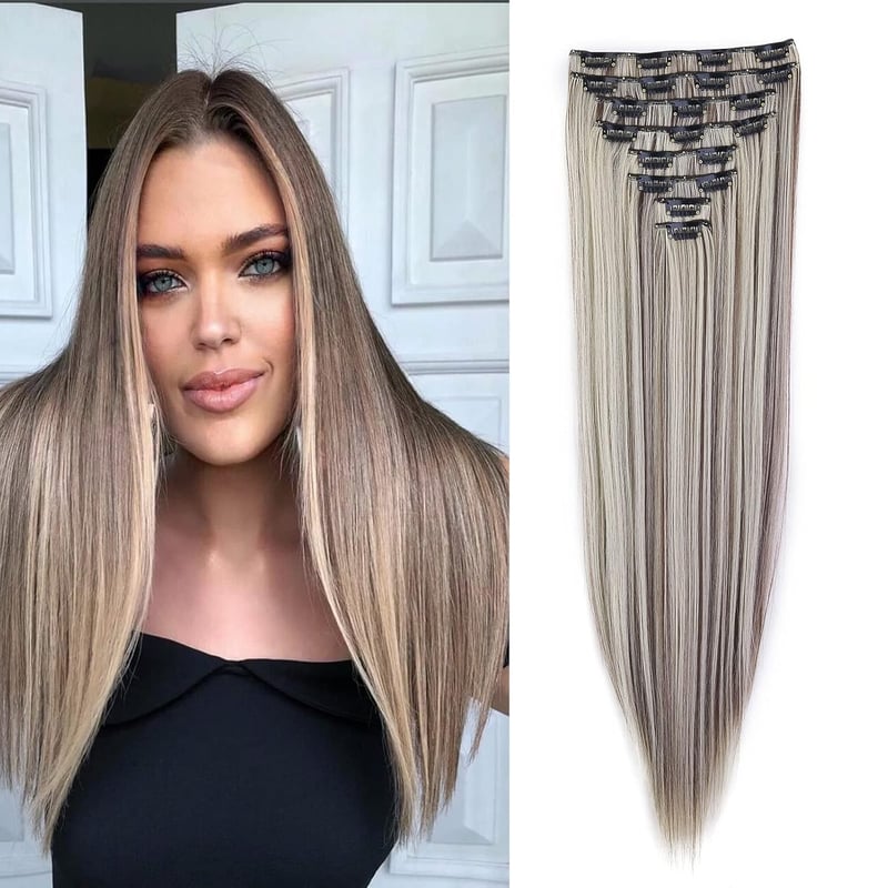 Cybelleza Csatos Hajhosszabbítás - 8 részes Egyenes Műhaj Szett 60 cm, Világosbarna és Szőke, Hajdúsító, Természetes Hatású