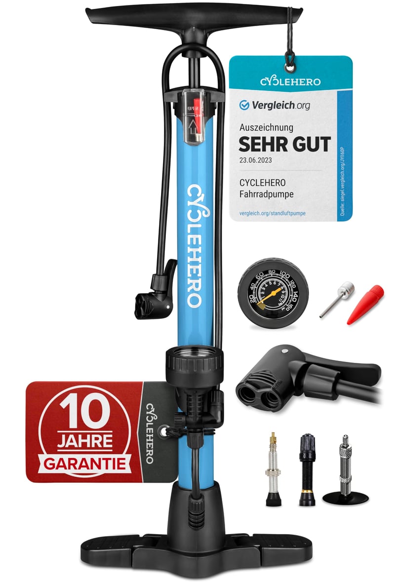 CycleHero podna pumpa za bicikl s manometrom, za sve ventile - plava