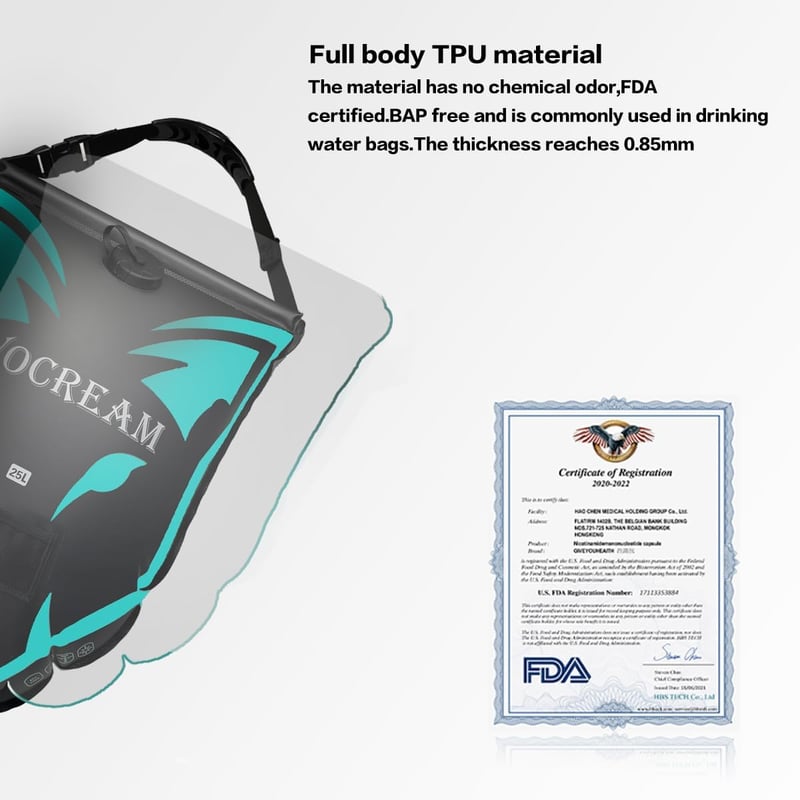 CyConncet Kültéri szolár camping zuhany TPU zuhanytáska 25L fekete kézi zuhanyfej 6,6 gallon strandhoz