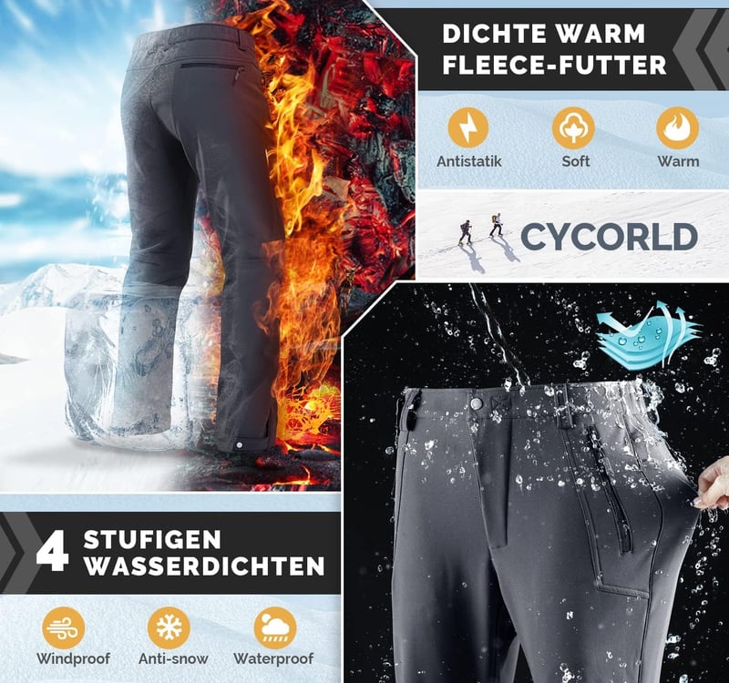 Cycorld férfi téli túranadrág vízálló fleece bélelt softshell sínadrág