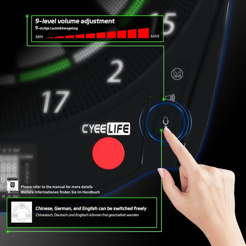 CyeeLife Elektronikus Darts Tábla - 8 Játékos, 34 Játékmód, 255 Variáció, Puha Nyilakkal és Kiegészítőkkel, Fekete, ZD01J Modell
