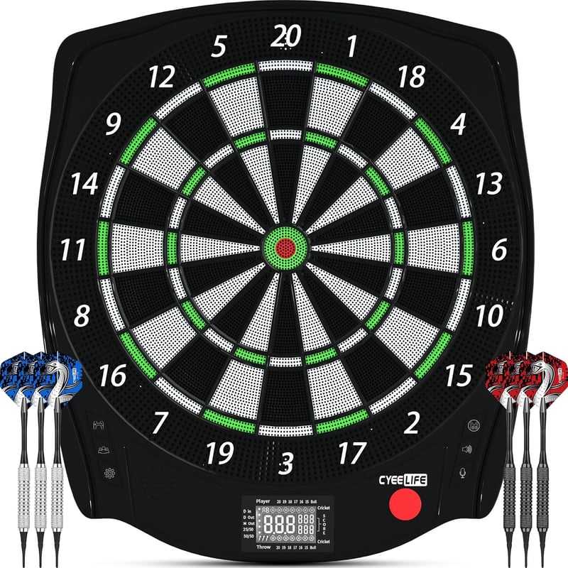 CyeeLife Elektronikus Darts Tábla - 8 Játékos, 34 Játékmód, 255 Variáció, Puha Nyilakkal és Kiegészítőkkel, Fekete, ZD01J Modell