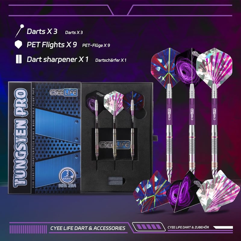 CyeeLife Tungsten Dartpipa 23g Profi Acél Nyilak 3 Szárral 9 Tollal - Purple