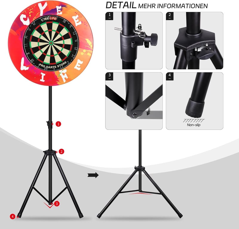 CyeeLife ZD04A Professzionális Darts Állvány - Acél Szerkezetű Dartboard Tartó Klasszikus és Elektronikus Dart Táblákhoz, Fekete