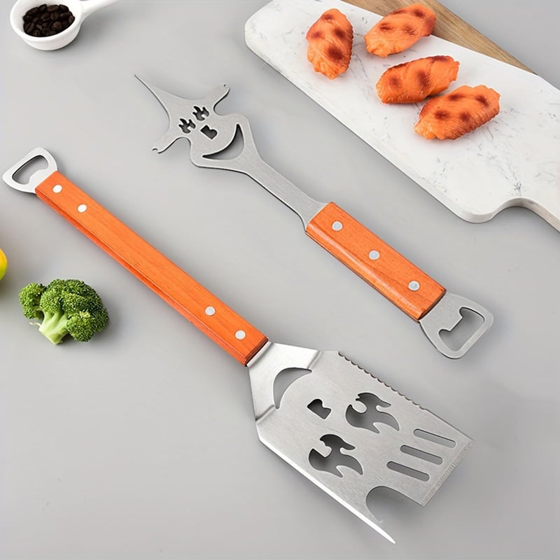 Set de 2 ustensile pentru grătar Cyiecw, spatulă de grătar 7 în 1 din oțel inoxidabil cu mâner din lemn, accesoriu multifuncțional pentru BBQ cu furculiță pentru grătar, cadou pentru bărbați și pasionații de grătar