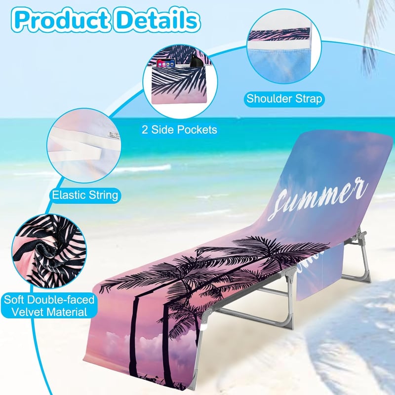 Cyiecw Terry Cloth Napozóágy Védőhuzat 75x210cm Zsebekkel Mikroszálas Strandtörölköző