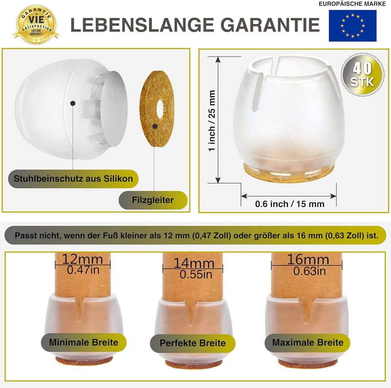 CZ Store® Filc Székláb Védő 40db - 12-16mm Szilikon Bútorvédő Párna Karcolásálló Széktalp Parkettához és Kényes Padlóhoz - Tartós Bútorláb V