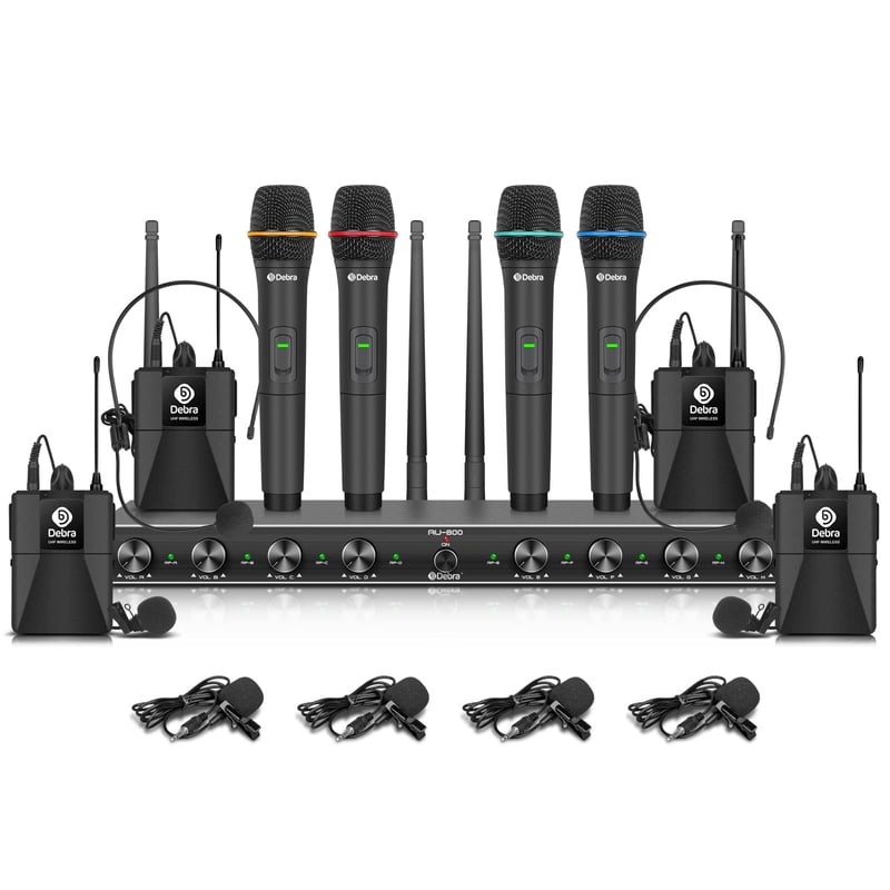 D Debra Audio AU800 Pro UHF 8 csatornás vezeték nélküli mikrofon rendszer, 4 kézi mikrofon és 4 testcsipesz, fém vevőegység karaokéhoz, rend