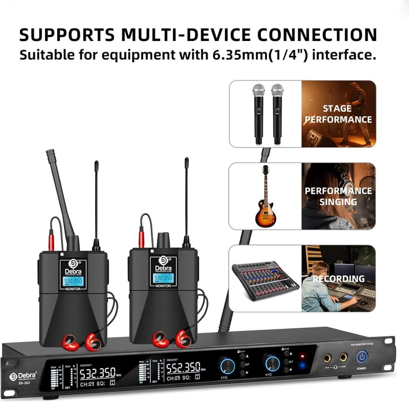 D Debra Audio PRO ER-202 UHF Dupla Csatornás Vezeték Nélküli Fülmonitor Rendszer Adóval és Vevővel Színpadra, Stúdióba, Zenészeknek
