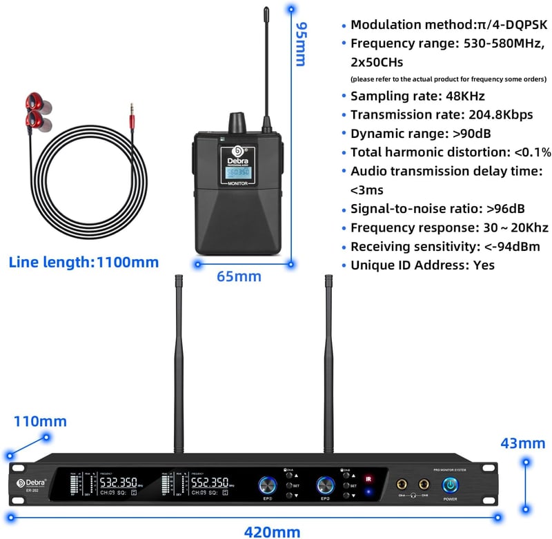 D Debra Audio PRO ER-202 UHF Dupla Csatornás Vezeték Nélküli Fülmonitor Rendszer Adóval és Vevővel Színpadra, Stúdióba, Zenészeknek