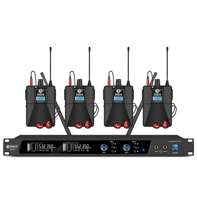 Debra Audio PRO ER-202 UHF Dvojkanálový Bezdrôtový Systém Odposluchu do Uší - Pre Použitie na Pódiu, v Štúdiu, pre Hudobníkov (so 4 Prijímačmi)