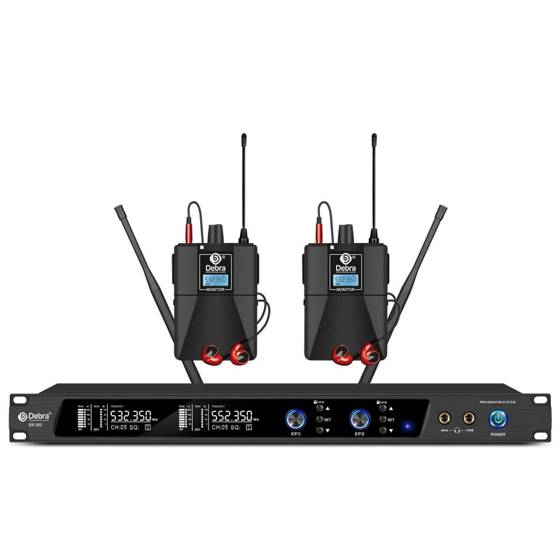D Debra Audio PRO ER-202 UHF Dupla Csatornás Vezeték Nélküli Fülmonitor Rendszer Adóval és Vevővel Színpadi, Stúdió és Zenész Használatra