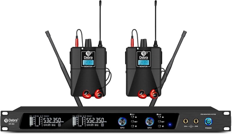 D Debra Audio PRO ER-202 UHF Dupla Csatornás Vezeték Nélküli Fülmonitor Rendszer Adóval és Vevővel Színpadra, Stúdióba, Zenészeknek