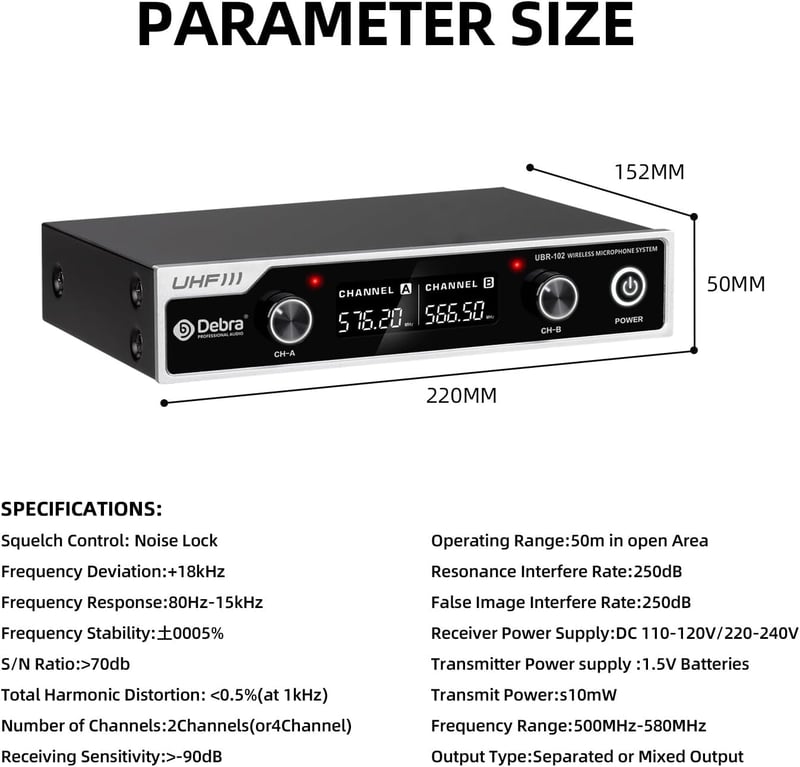 D Debra UBR-102 Vezeték Nélküli Mikrofon Szett - 2 Csíptetős és Fejpántos Mikrofon, 80m Hatótáv, UHF Technológia, Karaoke, Rendezvény, Előad
