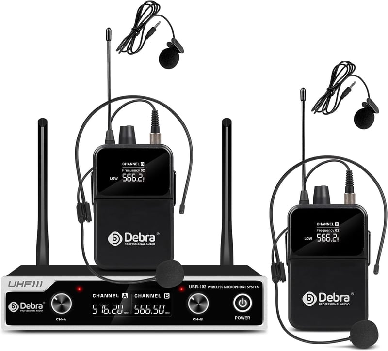 D Debra UBR-102 Vezeték Nélküli Mikrofon Szett - 2 Csíptetős és Fejpántos Mikrofon, 80m Hatótáv, UHF Technológia, Karaoke, Rendezvény, Előad