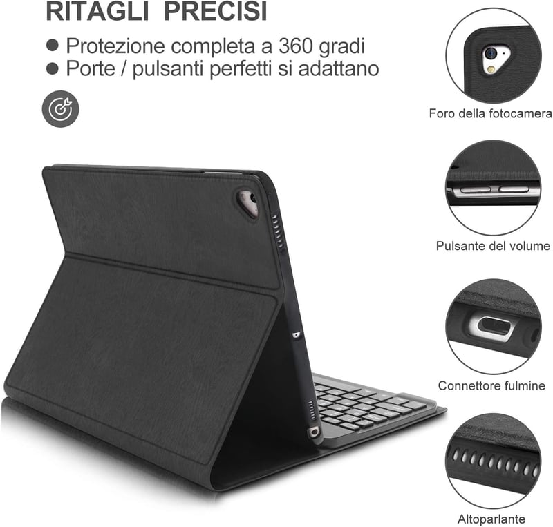 D DINGRICH iPad 9.7 Védőtok Leválasztható Világító Olasz Billentyűzettel Fekete