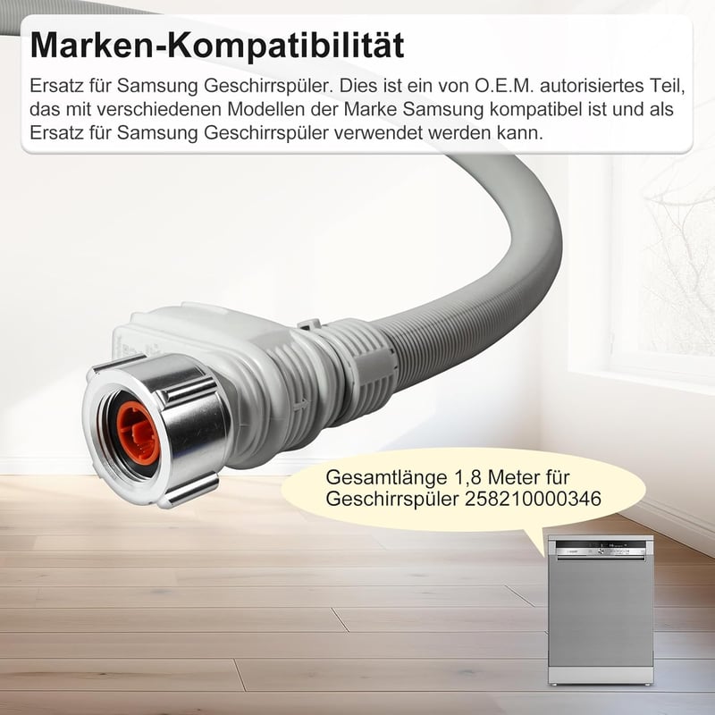 D.I.Accessa Aquastop Mosogatógép Tömlő 1,8m - Víztömlő Aquastop Védelemmel Mosogatógéphez DD81-01211A Szürke