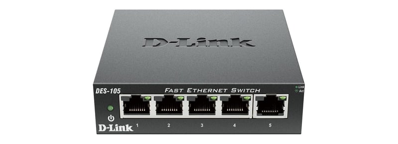 5-portový Fast Ethernet switch D-Link DES-105 10/100 Mbps, kovové puzdro, stolný sieťový rozbočovač pre domácnosti a malé firmy