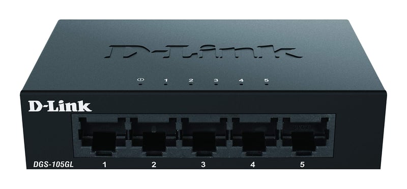 Switch Gigabit D-Link DGS-105GL cu 5 porturi, neadministrabil, fără ventilator, carcasă metalică, desktop, Plug and Play, QoS, 802.3az EEE, negru