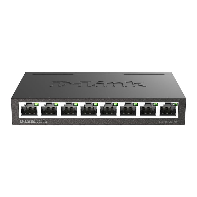 8-portový gigabitový prepínač D-Link DGS-108 Layer 2 – prenos dát 2000 Mbit/s, bez ventilátora, kovové vyhotovenie, čierny