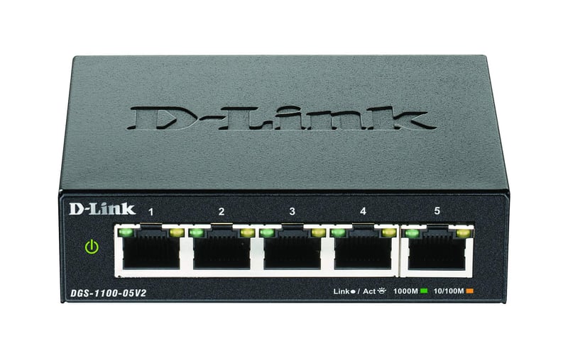 5-portový gigabitový smart switch D-Link DGS-1100-05V2 (10/100/1000 Mbit/s, bez ventilátora, kovové vyhotovenie), čierny