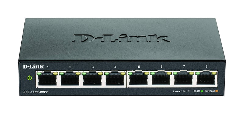 D-Link DGS-1100-08V2 8-portový Layer 2 Smart Managed gigabitový switch, 8x 10/100/1000 Mbit/s, bez ventilátora, kovové šasi, čierny