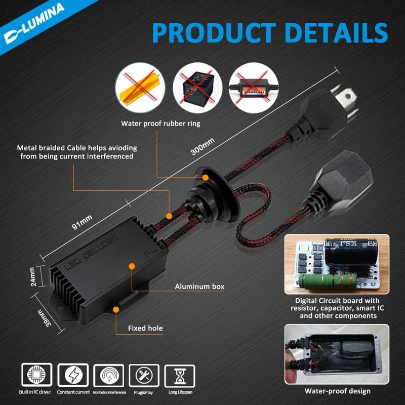 D-Lumina H4 LED Fényszóró Canbus Dekóder - Villogásgátló Kábelköteg, Hibaelhárító Adapter Készlet, 16V, 2 db