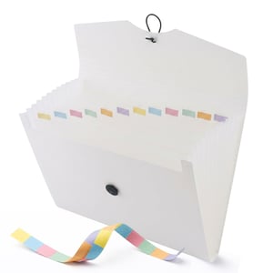 Dosar cu compartimente D.RECT A4 – organizator cu 12 compartimente și bandă elastică, alb, cu etichete colorate, material PP