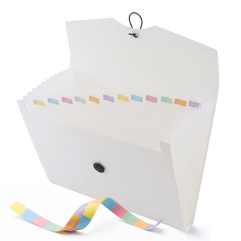 Dosar cu compartimente D.RECT A4 – organizator cu 12 compartimente și bandă elastică, alb, cu etichete colorate, material PP