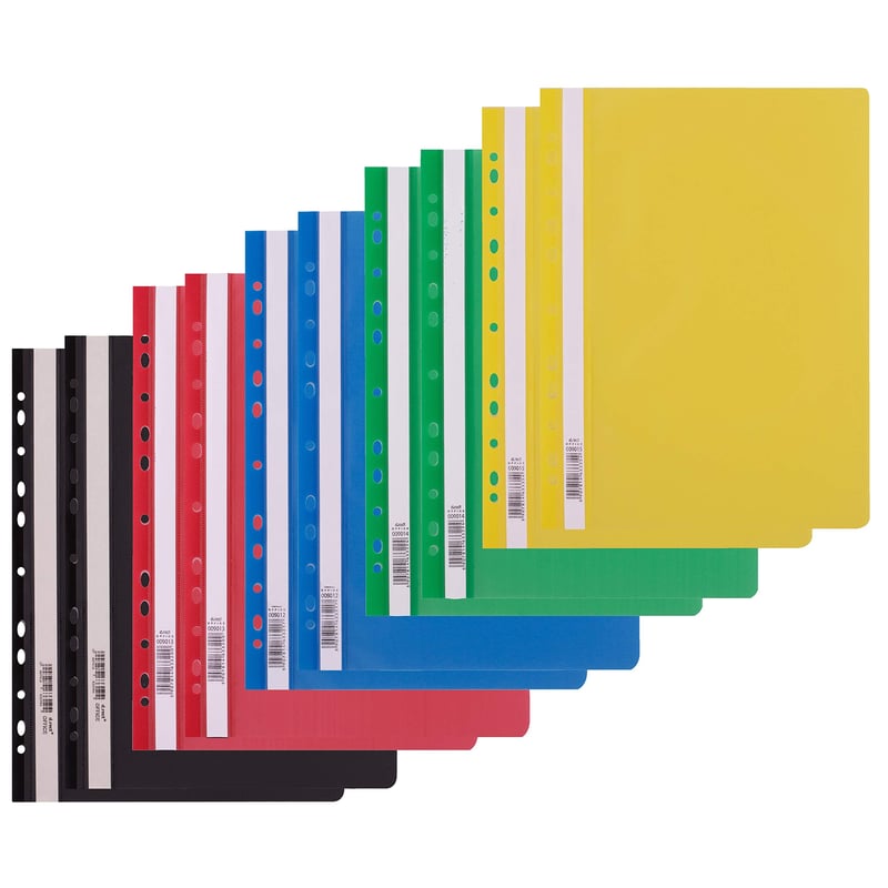 D.RECT Dosar cu șină A4, 10 bucăți (5 culori, 2 din fiecare) – Dosar din plastic PP cu șină metalică și perforație standard, copertă frontală transparentă