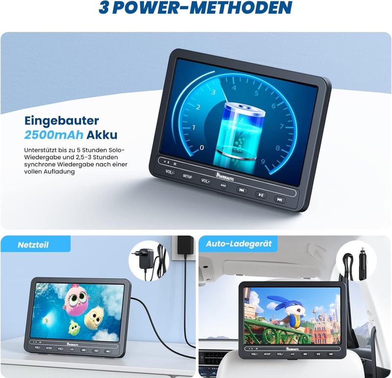 Naviskauto 10,5" Autós DVD lejátszó 2 képernyővel, 5 órás akkuval, USB, AV