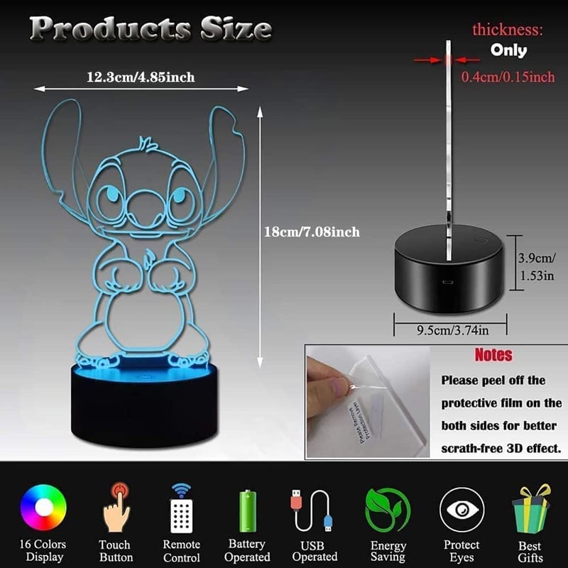 Stitch 3D LED éjjeli lámpa 16 színnel, távirányítóval - Gyerekszoba dekoráció