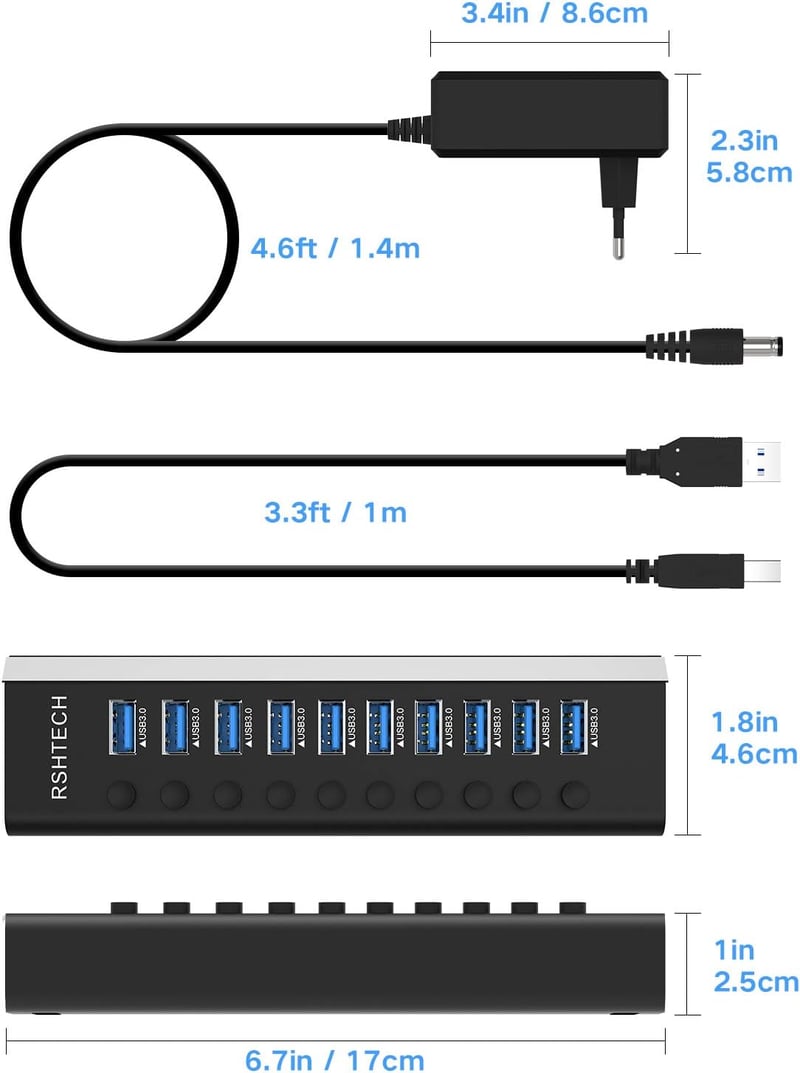 RSHTECH USB 3.0 Hub 10 Port Aktív Alumínium Elosztó 36W Tápegységgel