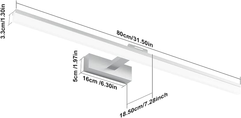 Klighten LED Tükör Világítás 24W - 80cm Ezüst Fürdőszobai Lámpa IP44 Vízálló 6000K Hideg Fehér 1170LM 180° Forgatható Fali Tükörlámpa