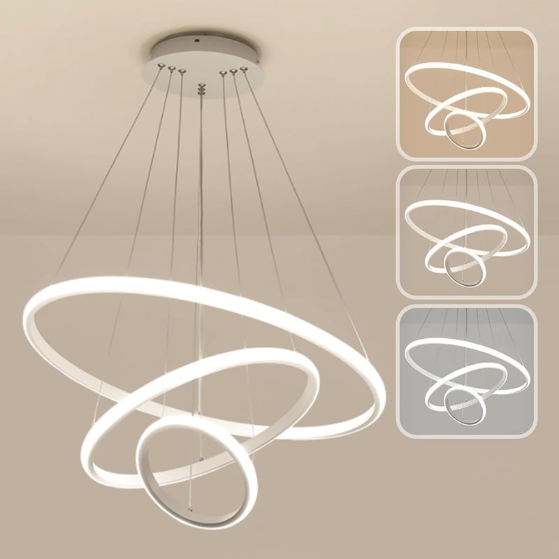 LXJCSM Modern LED Csillár 76W - 3 Gyűrűs Függőlámpa Távirányítóval, Állítható Magasság, Szabályozható 3000K-6000K, Nappali, Háló és Étkező V