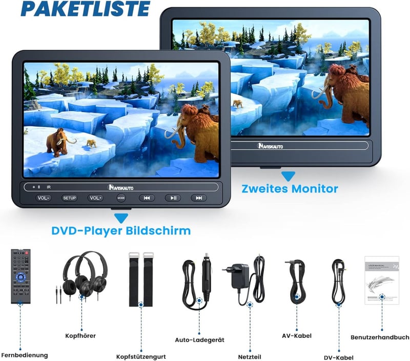 Naviskauto 10,5" Autós DVD lejátszó 2 képernyővel, 5 órás akkuval, USB, AV