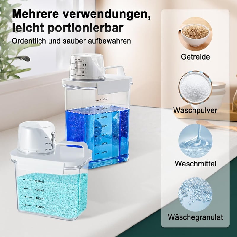 Mucek 2 db 1800 ml Légmentes Mosószer Adagoló Mérőpohárral - Mosópor Tároló Doboz, Kerek Kialakítás, Porálló Tárolóedény