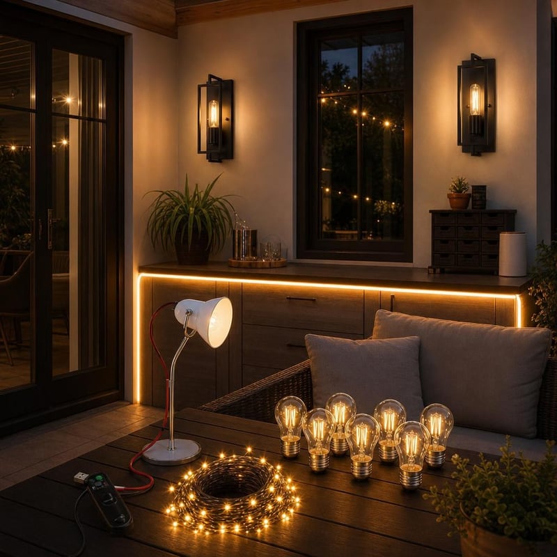 Teraszfény csomag: E27 fali lámpa + 2 m IP65 LED szalag + 10 m USB fényfüzér + 6 db E27 izzó