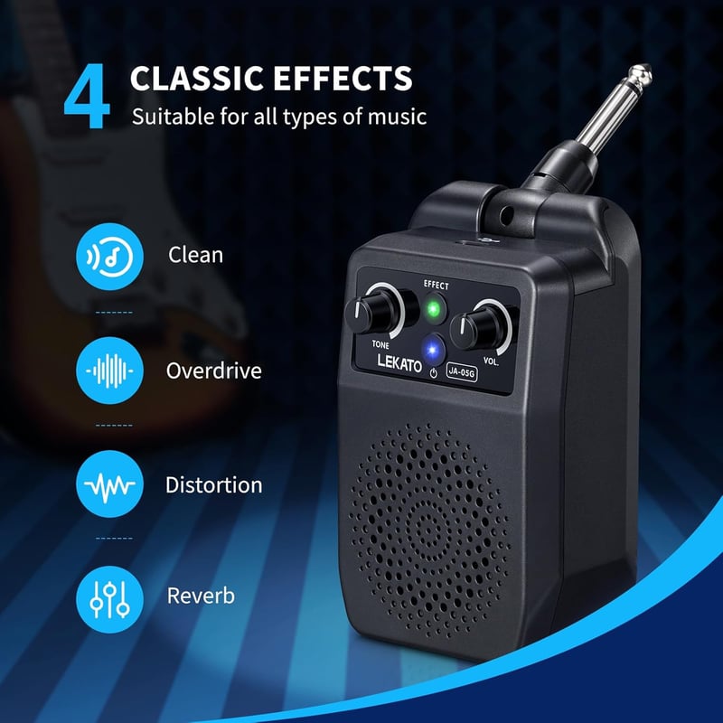 LEKATO Mini Gitárerősítő 5W - Hordozható, Bluetooth-os Zsebméretű Erősítő, Beépített Effektekkel, Elektromos Gitárokhoz, 6 Órás Üzemidő