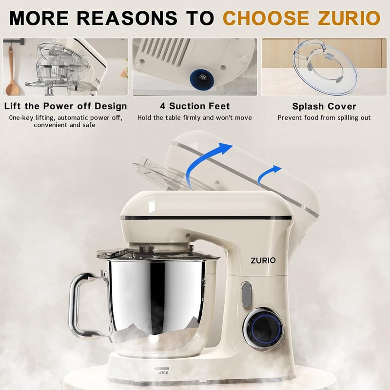 zurio Konyhai Robotgép 1300W - 5,5L Dagasztógép 10 Sebességgel, Csendes Kelesztő Funkcióval, Bolygómozgású Keverővel, Krémszínű