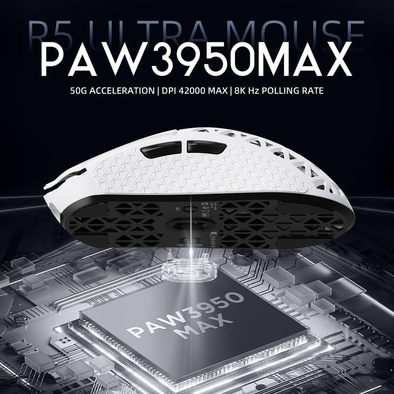 ATTACK SHARK R5 Ultra Szénszálas Gamer Egér, 39g Szuperkönnyű, 8000Hz Vezeték Nélküli, 42000 DPI, Bluetooth/2.4G/Vezetékes, Fehér