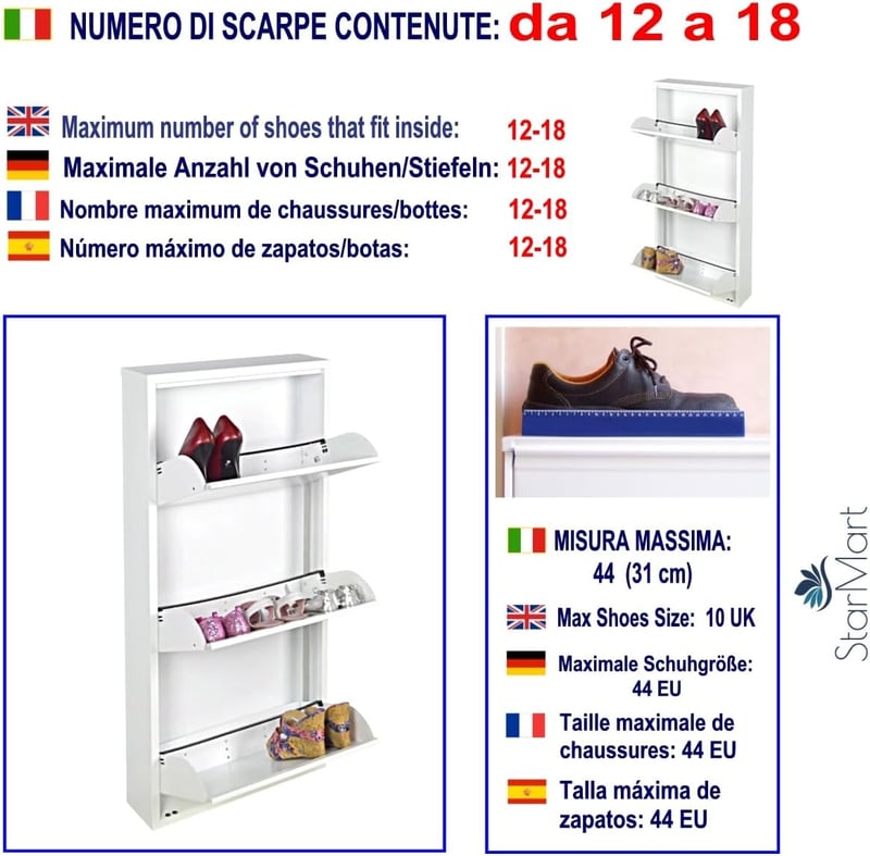 Olasz fehér cipősszekrény 6-9 párhoz, 15 cm vékony, 15 év garancia