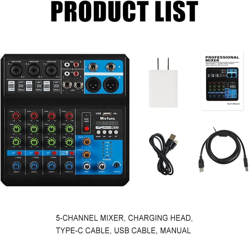 micfuns M-5 Mini DJ Keverőpult 5 Csatornás Hangkeverő Bluetooth USB MP3 Funkcióval, 48V Fantomtáp, Stúdió Felvételhez, Élő Közvetítéshez
