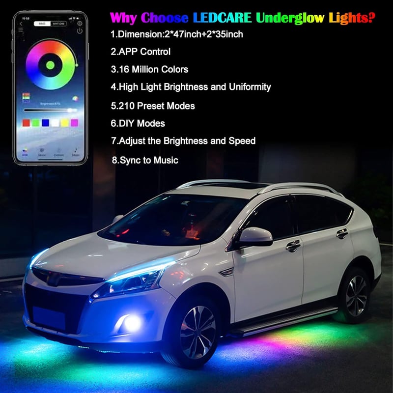ConBlom RGB LED Autó Alváz Világítás Szett - 47 és 35 Hüvelykes Neon Fénycsíkok, Hanggal és Applikációval Vezérelhető, 210 Üzemmód, 16 Milli